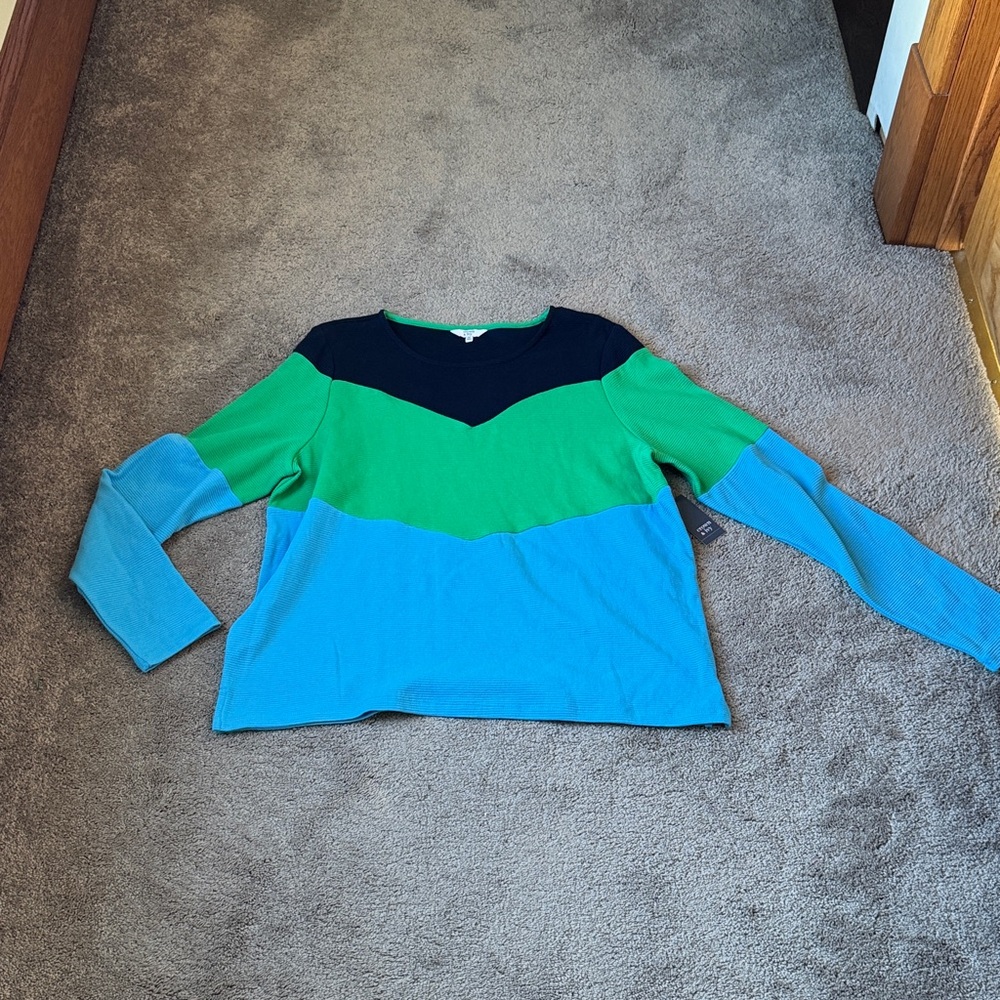 Crown & Ivy Blue Green Colorblock Ribbed Long Sleeve Sweater SIZE XL